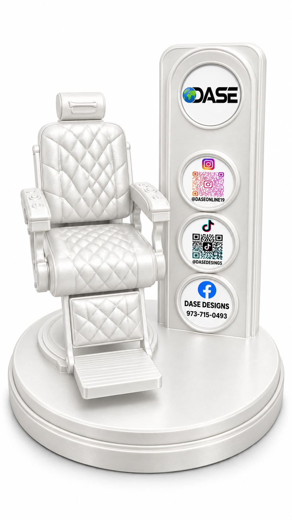 DASE Barber Chair Trophy Display in White - DASE branding example